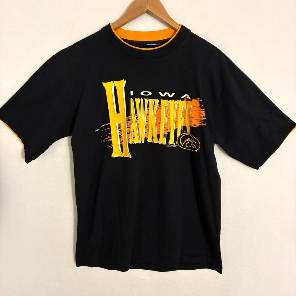 Vtg 90s Iowa Hawkeyes Double Collar Shirt Men's Fits Size M Single Stitch Tee